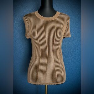 DKNY Striped “Hour-Glass” Tan-Bronze & Gray-Brown Women's Short-sleeve Top
